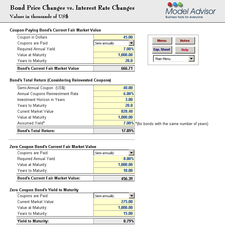Bond Price Changes vs Interest Rate Changes, Financial Calculator for Excel, Financial Advisor for Excel