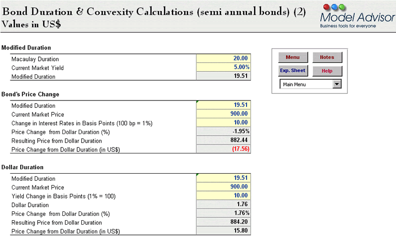 Bond Duration & Convexity Calculations (2), Financial Calculator for Excel, Financial Advisor for Excel