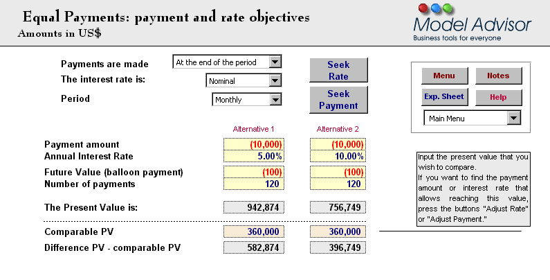 Rate and Payment Objectives, Financial Calculator for Excel, Financial Advisor for Excel