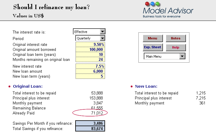 Should I refinance my Loan?, Financial Calculator for Excel, Financial Advisor for Excel